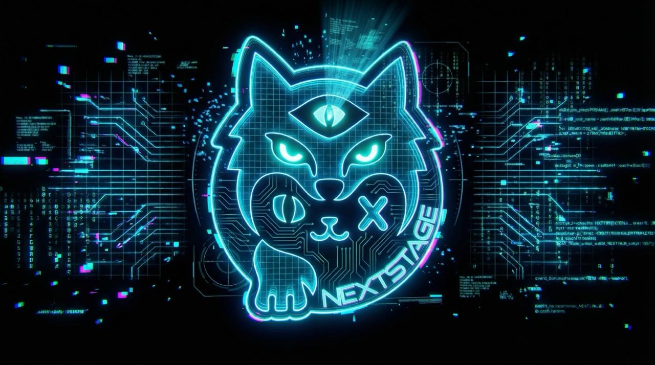 青い光とデジタル回路で描かれたNEXT STAGEのロゴ